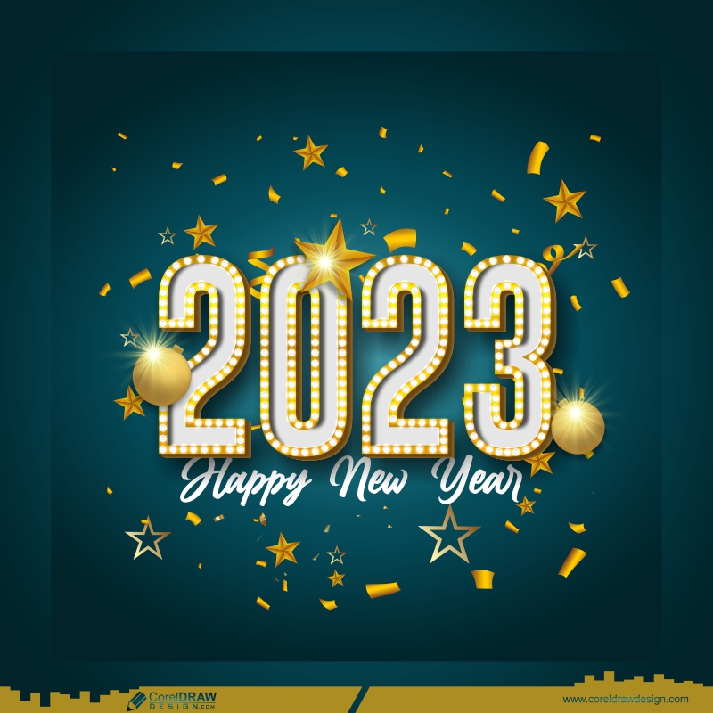 Happy New Year 2023 Illustration with Gold Number and Falling Confetti on Dark Background & Greeting Card Celebration Free