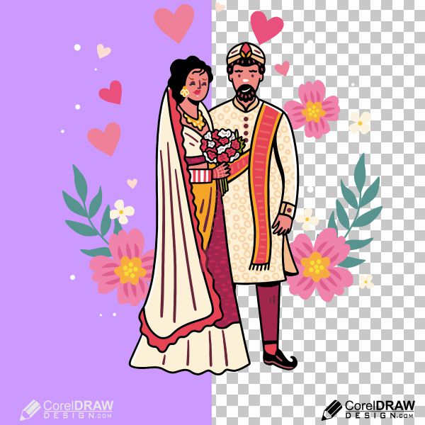 Indian Wedding Bride And Groom Vector illustration png Design Download For Free With Cdr And Eps File