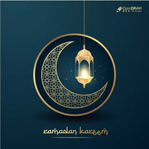 Happy ramadan kareem islamic golden lantern on blue background vector