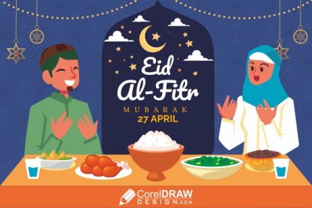 Eid al Fitr Greeting And Muslim Male And Female Character illustration Vector Design Download For Free