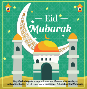 eid mubarak greeting islamic green background vector design with mosque