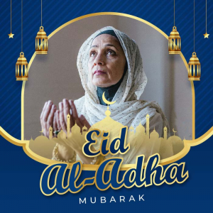 Beautiful royal eid al adha mubarak golden photo frame wishes card vector