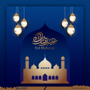 eid mubarak islamic greeting blue background vector design with arabic calligraphy