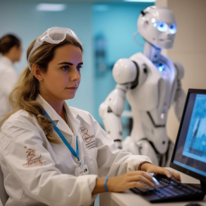 Nurse in a hospital helping patients with robots free image with modern technology