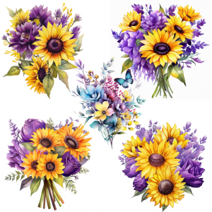 3d watercolor bunch of yellow and purple sunflower bouquet high quality detailed free image 
