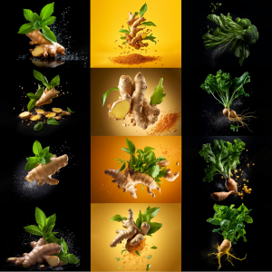 commercial photography of ginger root vegetable flying high quality detailed free image  