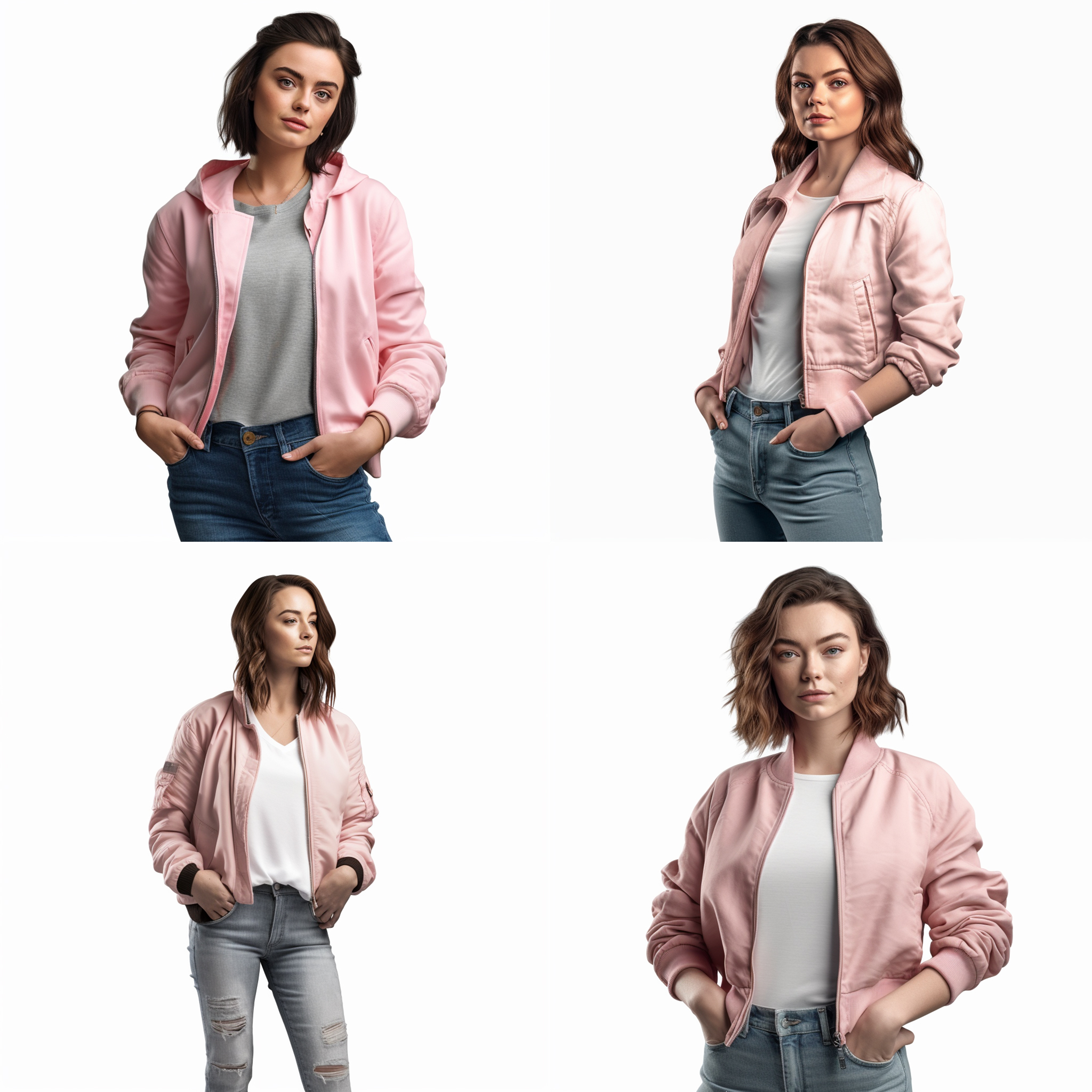 photo of a woman in a pink jacket white t-shirt and jean white background high quality detailed free image