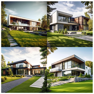 Modern house architecture exterior photo with beautiful green grass photorealistic high quality detailed free image