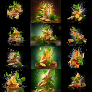 commercial photography of ginger mint leaf root ginger slice orange water splach stoberry Fruit photorealisitc high quality detailed free image