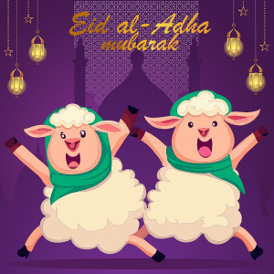 Happy Eid al adha Wishing greeting With 2 Goats Celebrating Eid Vector Design Download For Free
