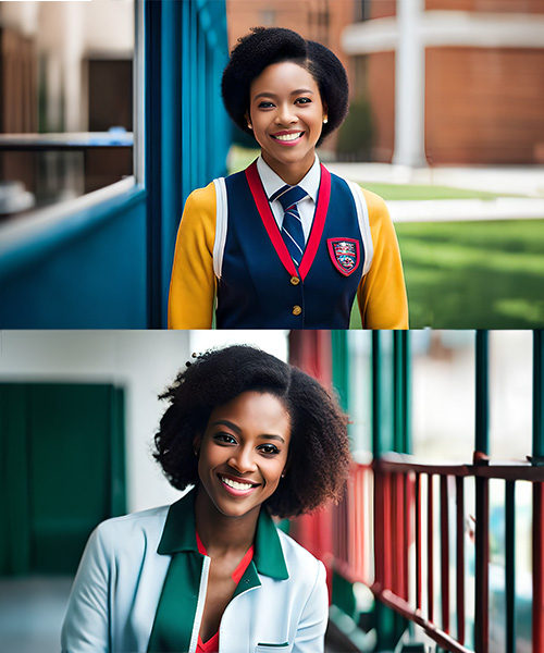 Photoreal African girl wearing school uniform and lab coat with natural light photography free high quality stock image