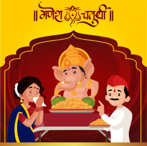 Happy Ganesh Chaturthi With Ganesh ji and a Couple Praying him Vector Design Download For Free