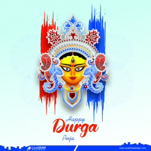 happy durga puja wishing greeting with durga face vector & splash color