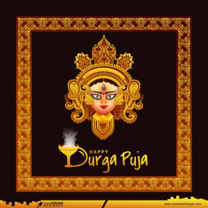 happy durga puja wishing greeting & golden durga face vector