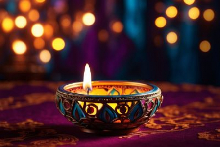 Happy Diwali - Diya lamps lit with bokeh background during diwali celebration
