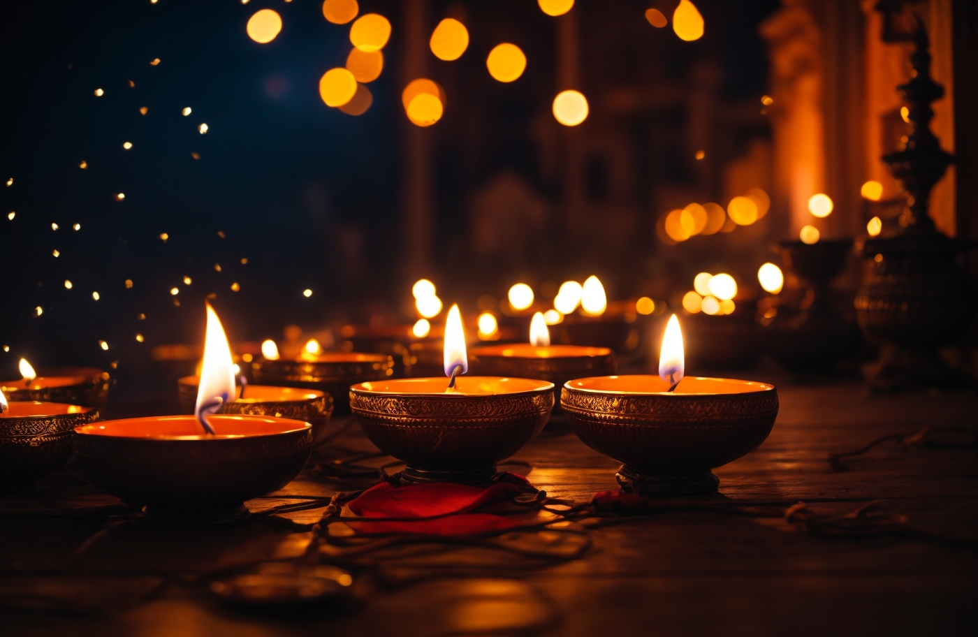 AI generated image of Deepavali or Diwali celebrations at Varanasi and Ayodhya in India, by lighting thousands of earthen lamps for Deepotsava at the river edge