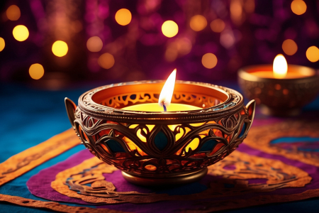 Diwali Diya lamps lit with bokeh background during diwali celebration