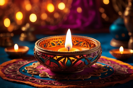 Diwali Diya lamps bokeh background during diwali celebration