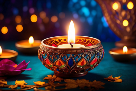 Diwali Diya lamps lit with bokeh background diwali celebration