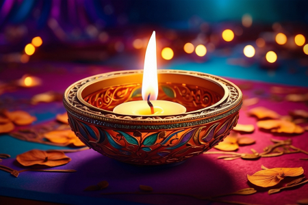Diwali Diya lamps lit with bokeh background