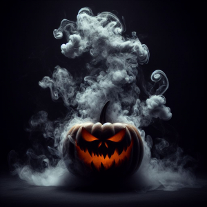 Halloween pumpkin with smoke on black background Big spooky helloween