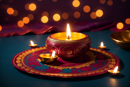 Download Diwali Diya lamps lit with bokeh background