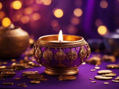 Happy Diwali Oil lamps lit on colorful rangoli during diwali celebration stock photo