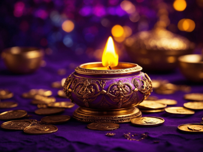 Happy Diwali Oil lamps lit on colorful rangoli during diwali celebration stock photo