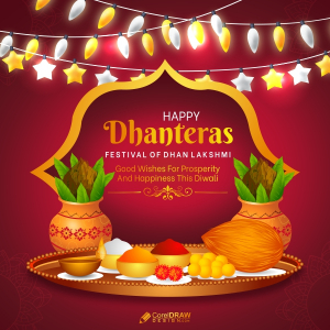Happy Dhanteras and Diwali Wishing Vector Background With Pujja Thali and Kalash Premium CDR For Free