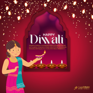 Happy Diwali Greeting illustration With English Text and Girl Holding Diya Near Window Premium Cdr For Free