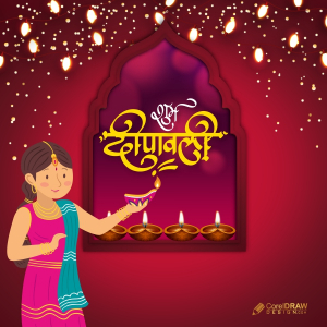 Happy Diwali Greeting illustration With Hindi Text and Girl Holding Diya Near Window Premium Cdr For Free