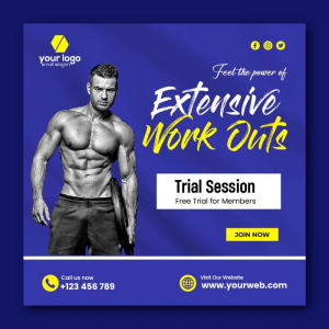 Purple blue gym workout promotion social media free vector