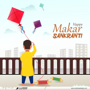 Boy flying kite on roof with cityscape view for happy makar sankranti festival image