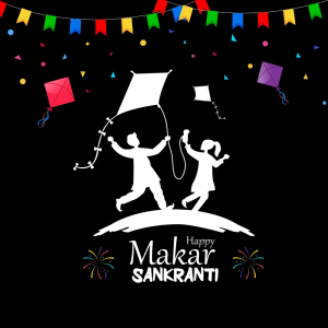 Boy and girl playing kite celebrating makar sankranti festival, Happy makar sankranti greeting card