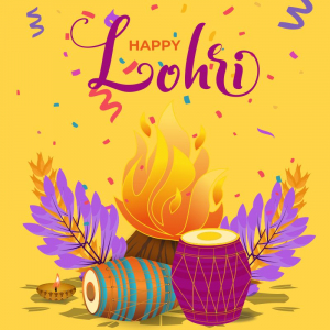 Happy Lohri 2024 Greeting Wishing Vector With Fire and Dhol For Free