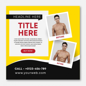 Yellow before and after body transformation poster vector