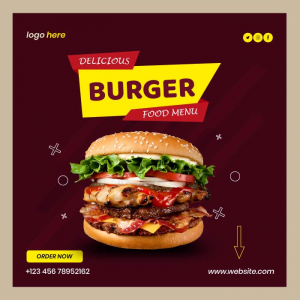 Delicious burger restaurant advertisement vector banner