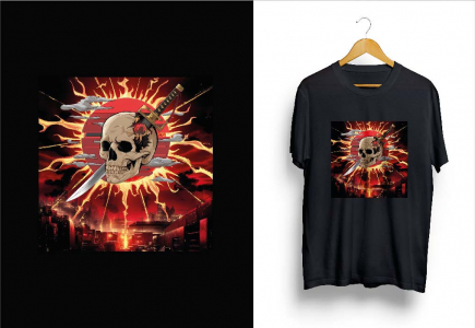 Abstract skull pierced with japanese sword in red sun t-shirt hd png-01