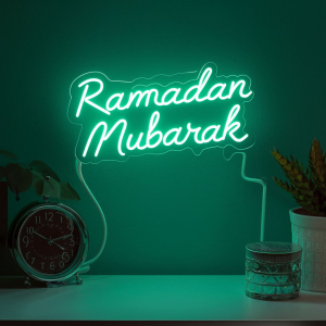 Ramadan Mubarak lettering neon sign stock image download for free