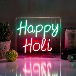 happy Holi lettering neon sign stock image