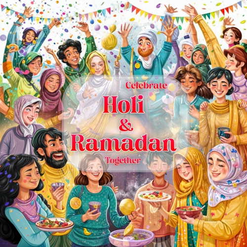 Painting & carton muslim boy and non muslim boy celebration holi  and ramadan festival
