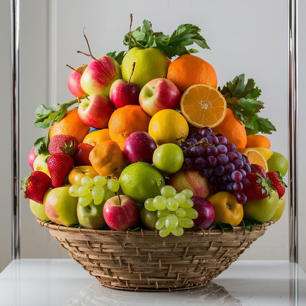 Stunning  high resolution professional photograph of a beautifully arranged fruit basket
