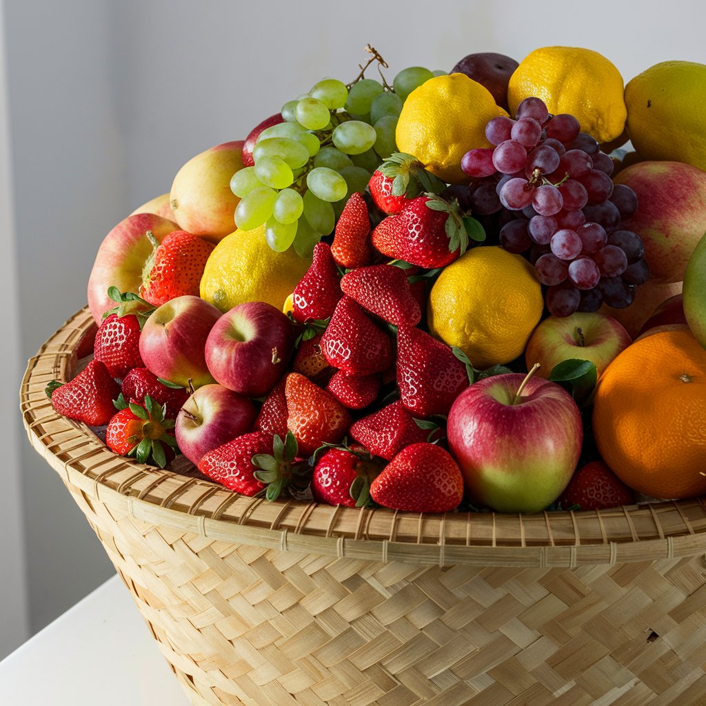Closeup photograph of a woven basket brimming with a riot of colorful fresh fruits