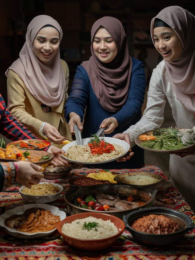A warm candid photo of islamic womens eating and serving food