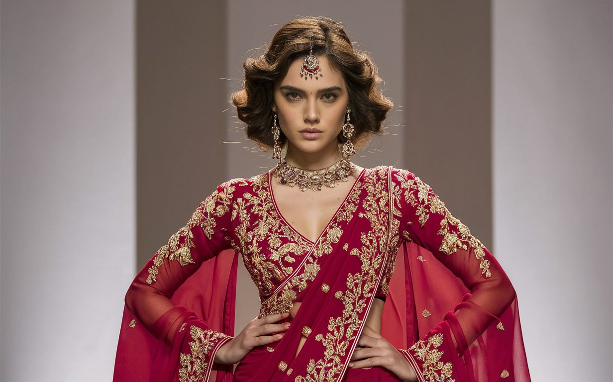 A striking portrait of a model wearing saree closeup