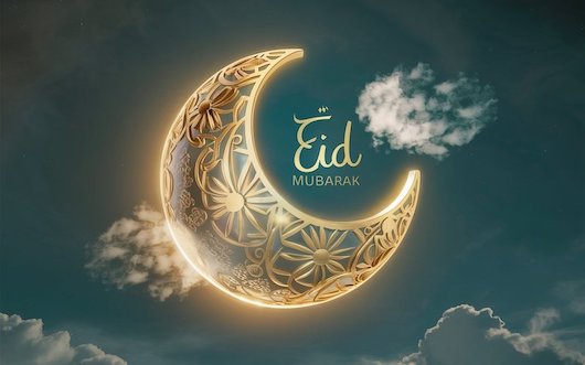 Stunning 3D rendering of a golden metal moon in cloudy sky, Eid Mubarak, free image and wallpaper