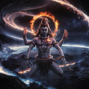 A captivating 3D illustration of Lord Shiva the Hindu god of destruction standing tall in a vast cosmic mult