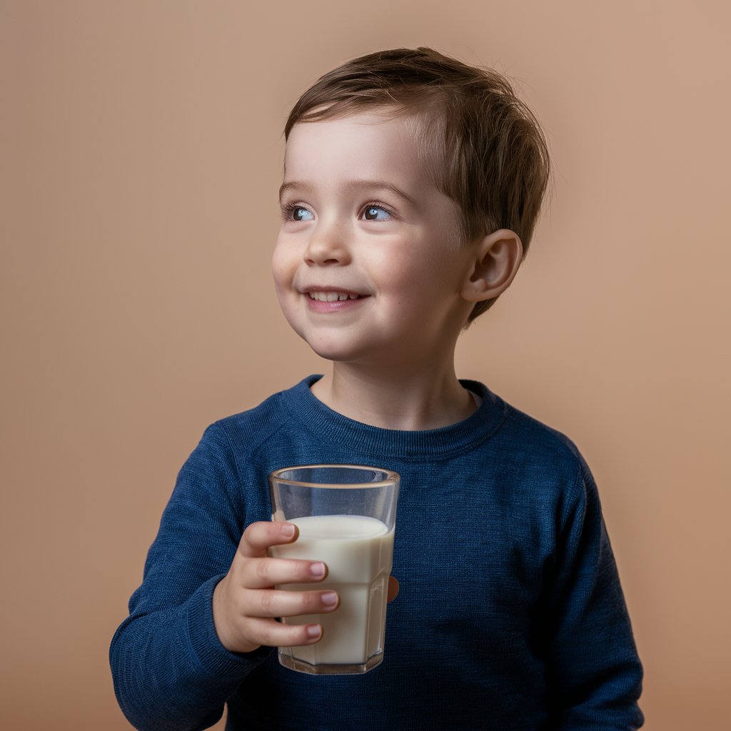 High quality photo of a child holding glass of milk