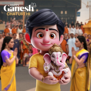 A Cute Boy Holding Lord Ganesh in his hand 3D Ai Generated Image For Social Media Download 4K image For Free