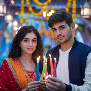 Young Indian  women and men with colorful candles and small lights with blurred